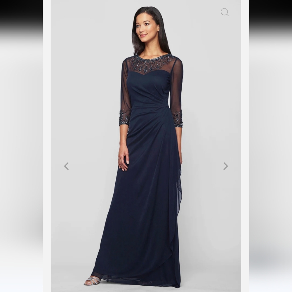 Alex Evenings Navy Long Sleeve Beaded Evening Gown